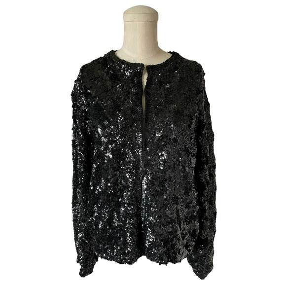 Vintage Sweaters - Vintage Black Wool Allover Sequin Sweater Jacket EUR 40 US M Lined Glam Cardigan
